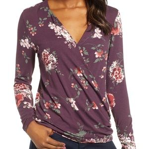 BOBEAU Faux Wrap Knit Top In Plum/ Mauve Floral
